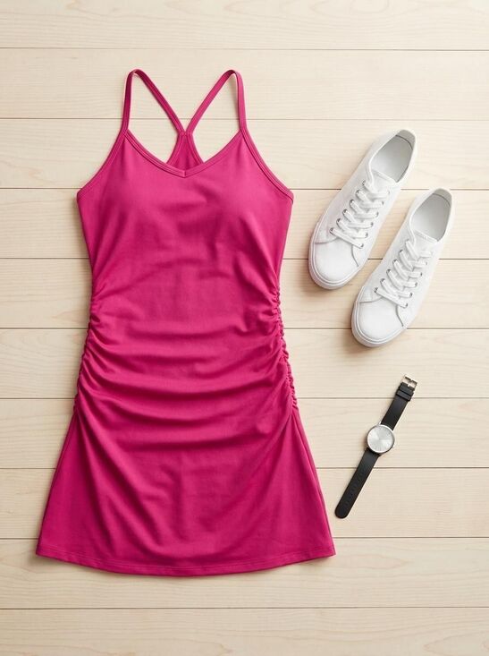 Kyodan Dresses & Skirts - Kyodan Racerback Mini Dress Womens Size XS Magenta Ruched Built In Bra Shorts